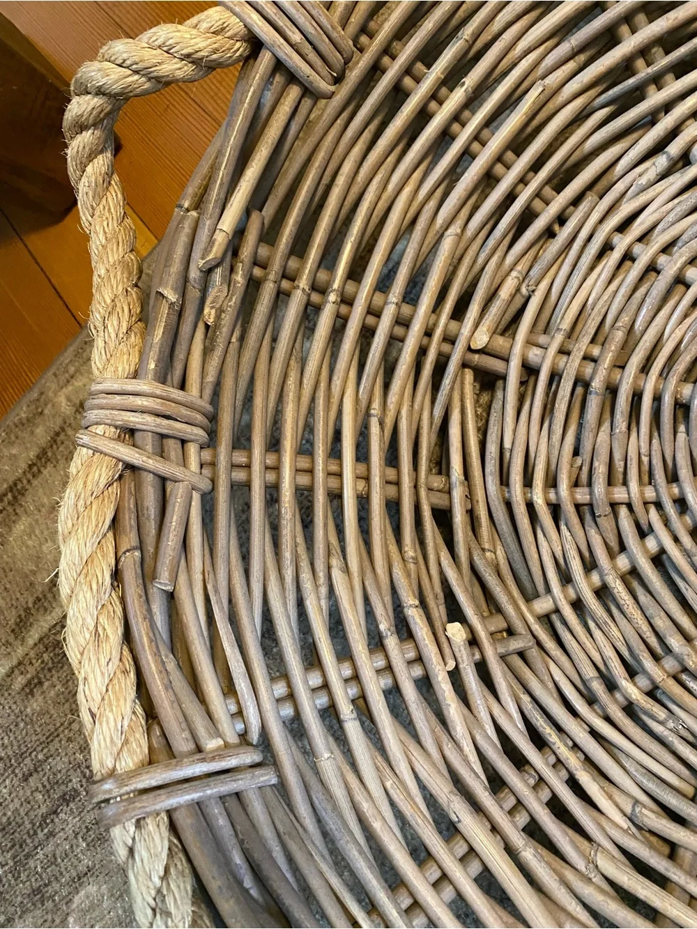 HUGE Vintage Gray Wash Round Wicker Basket Rope Handles Farmhouse Coastal Decor